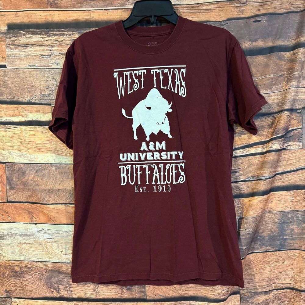 Port & Company T-Shirt Men’s M Burgundy 100% Cotton WTAMU Buffaloes Graphic